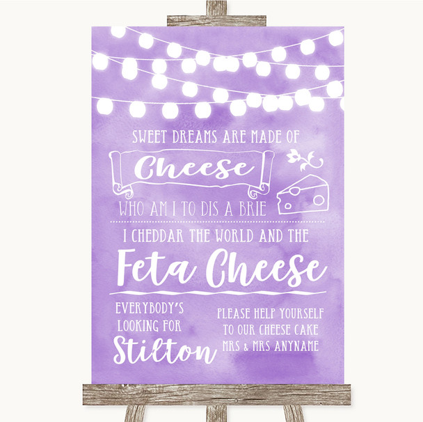 Lilac Watercolour Lights Cheesecake Cheese Song Personalised Wedding Sign