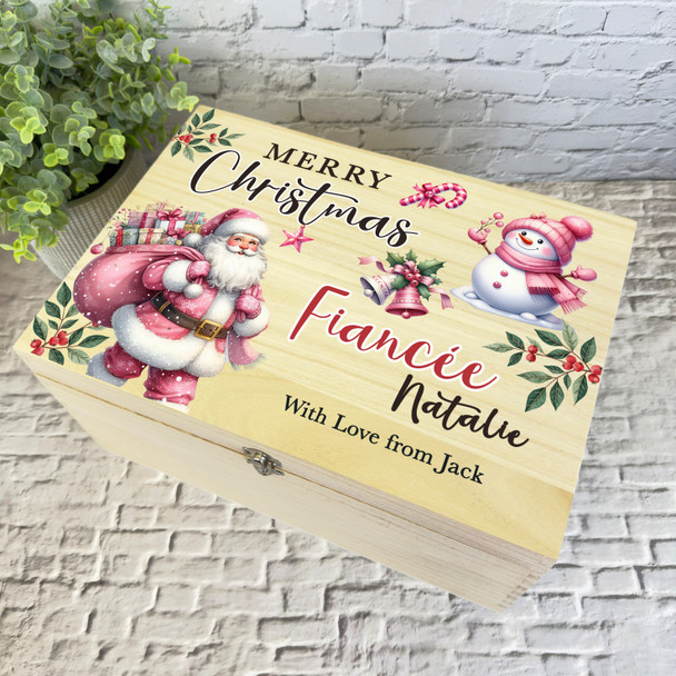 To Fiancee Pink Santa Wooden Personalised Christmas Hamper Gift Box