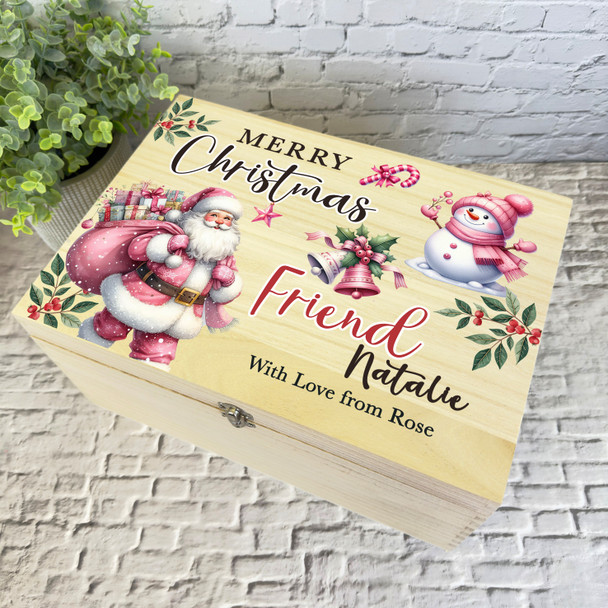 To Friend Pink Santa Wooden Personalised Christmas Hamper Gift Box