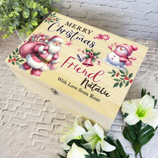 To Friend Pink Santa Wooden Personalised Christmas Hamper Gift Box