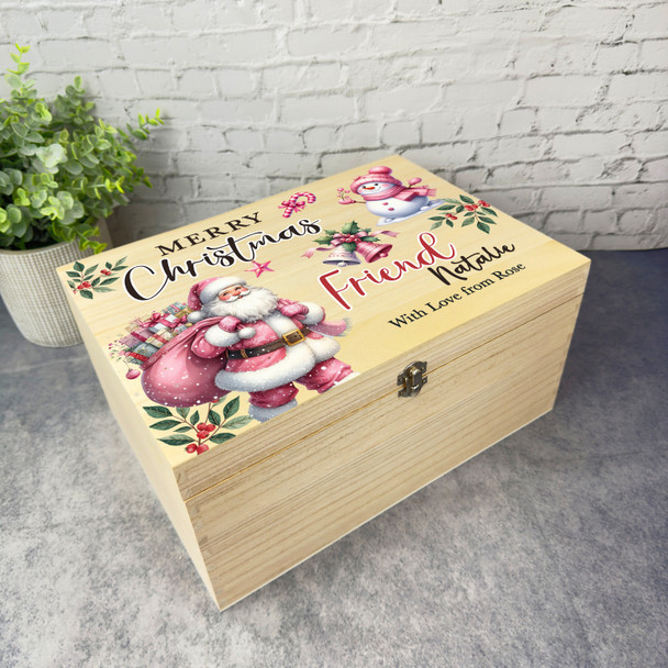 To Friend Pink Santa Wooden Personalised Christmas Hamper Gift Box