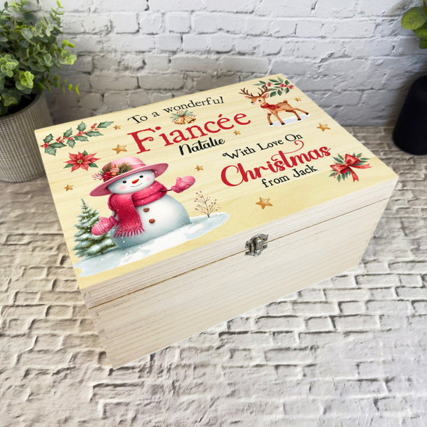 Snowmen Wooden Personalised Christmas Hamper Gift Box For Fiancee