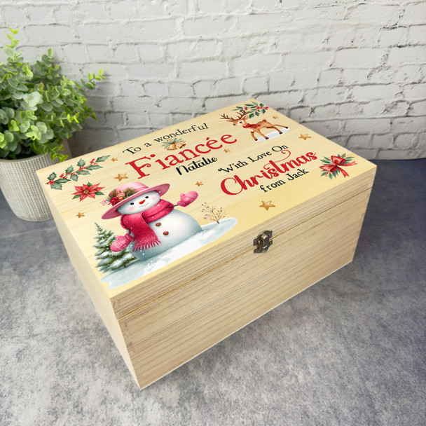 Snowmen Wooden Personalised Christmas Hamper Gift Box For Fiancee