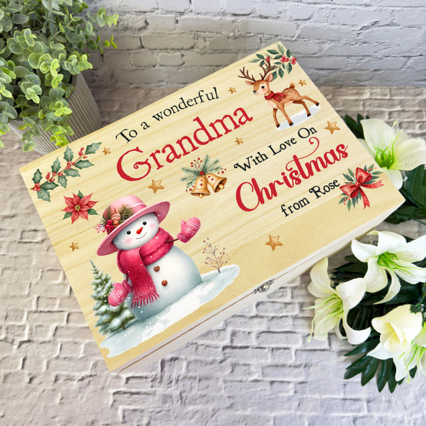 Snowmen Wooden Personalised Christmas Hamper Gift Box For Grandma
