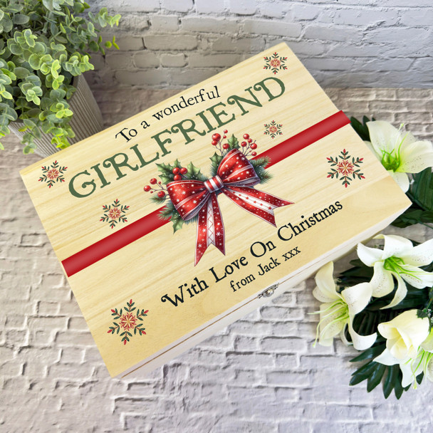 Girlfriend Red Bow Wooden Personalised Christmas Hamper Gift Box