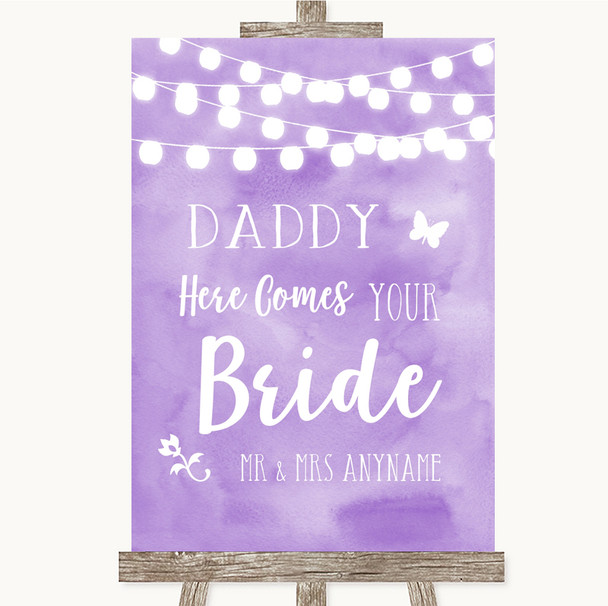 Lilac Watercolour Lights Daddy Here Comes Your Bride Personalised Wedding Sign