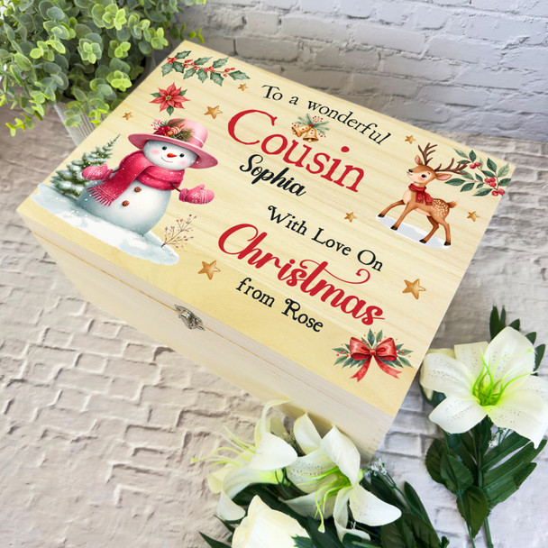 Snowmen Wooden Personalised Christmas Hamper Gift Box For Cousin