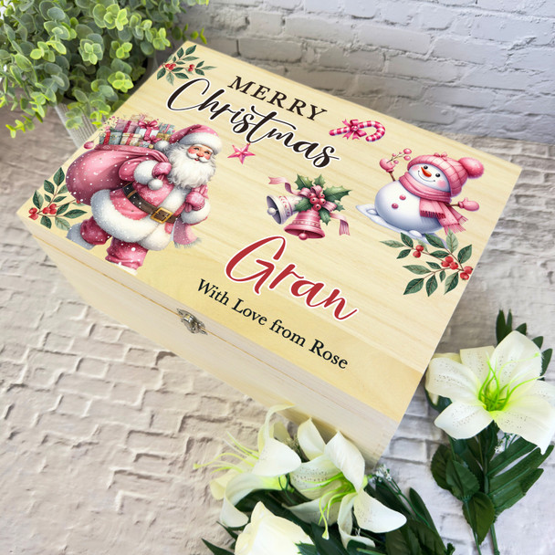 To Gran Pink Santa Wooden Personalised Christmas Hamper Gift Box