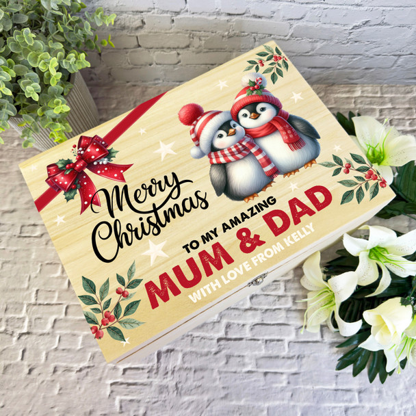 Mum and Dad Penguin Wooden Personalised Christmas Hamper Gift Box