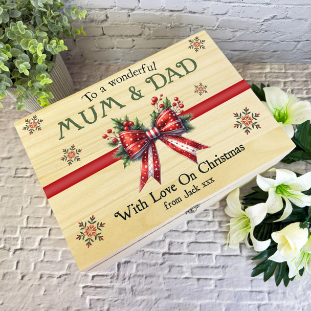 Mum and Dad Red Bow Wooden Personalised Christmas Hamper Gift Box
