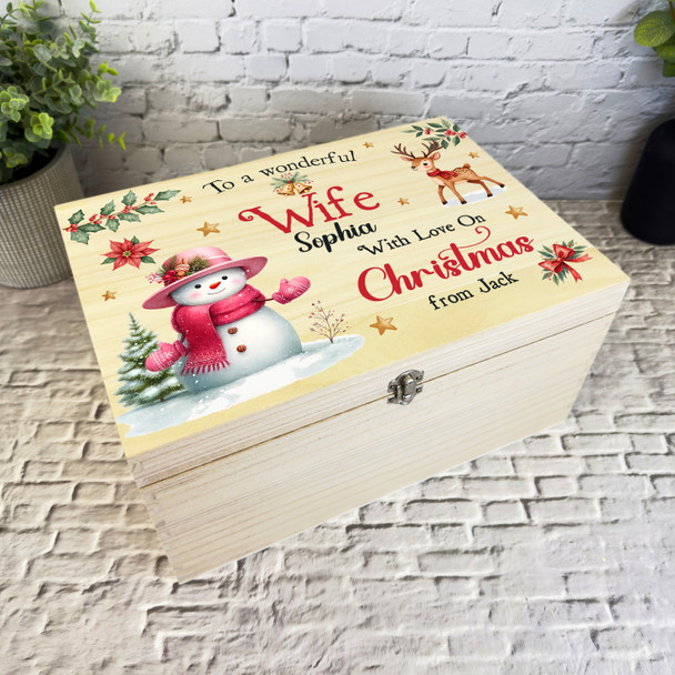 Snowmen Wooden Personalised Christmas Hamper Gift Box For Wife