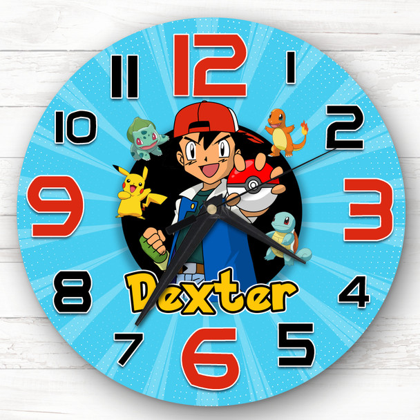 Boys Blue Background Pokemon Personalised Gift For Kid's Bedroom Clock