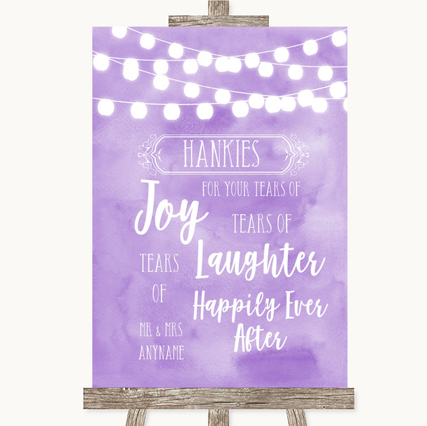 Lilac Watercolour Lights Hankies And Tissues Personalised Wedding Sign