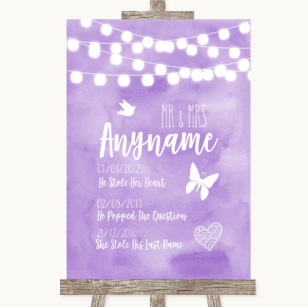 Lilac Watercolour Lights Important Special Dates Personalised Wedding Sign