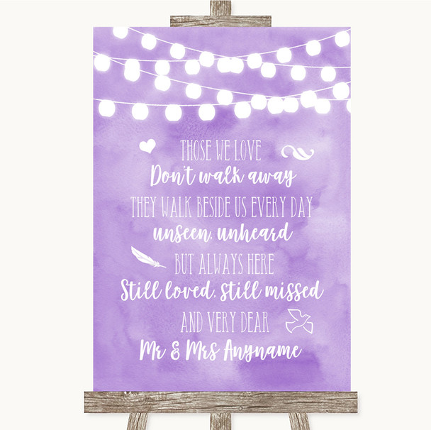 Lilac Watercolour Lights In Loving Memory Personalised Wedding Sign