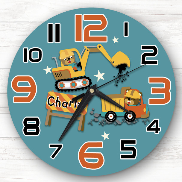 Construction Digger Building Children's Personalised Gift For Kid's Bedroom Clock