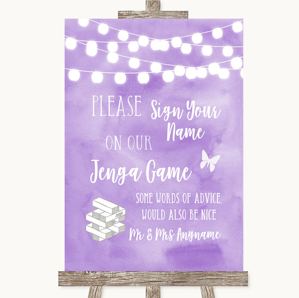 Lilac Watercolour Lights Jenga Guest Book Personalised Wedding Sign