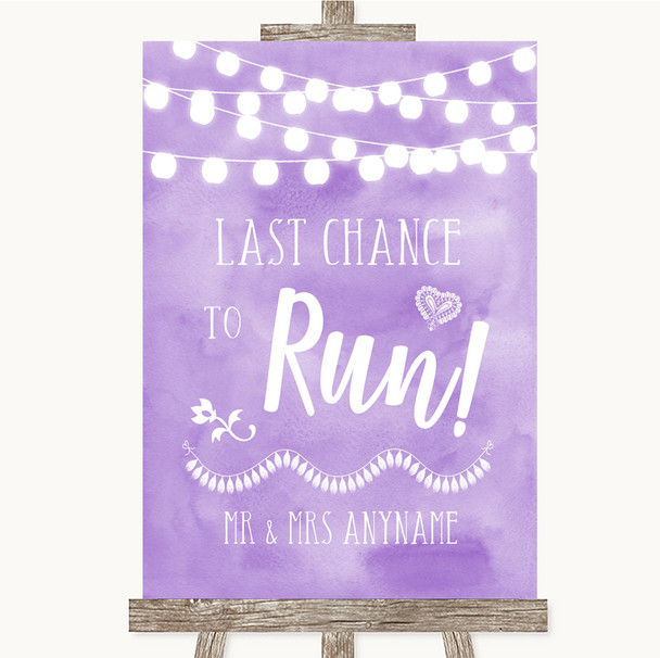 Lilac Watercolour Lights Last Chance To Run Personalised Wedding Sign