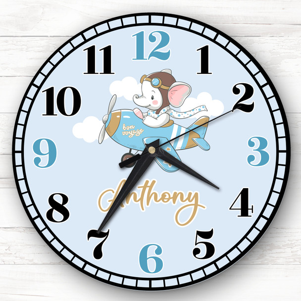 Plane Baby Elephant Blue Boys Children Personalised Gift For Kid's Bedroom Clock