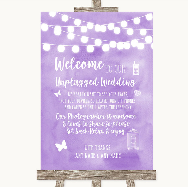 Lilac Watercolour Lights No Phone Camera Unplugged Personalised Wedding Sign