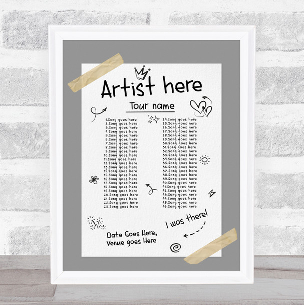 Concert Setlist Poster Print Canvas Grey Doodle - Any Artist, Date, Gig, Venue