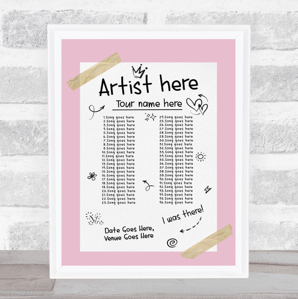 Concert Setlist Poster Print Canvas Pink Doodle - Any Artist, Date, Gig, Venue