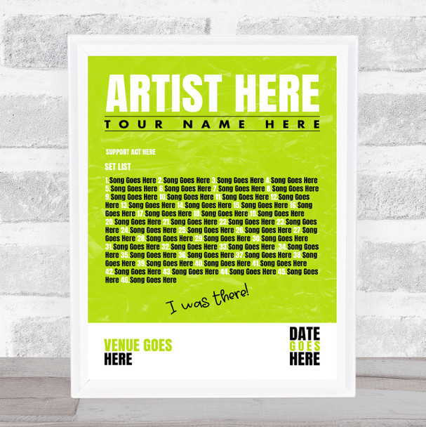 Concert Setlist Poster Print Canvas Bright Green - Any Artist, Date, Gig, Venue