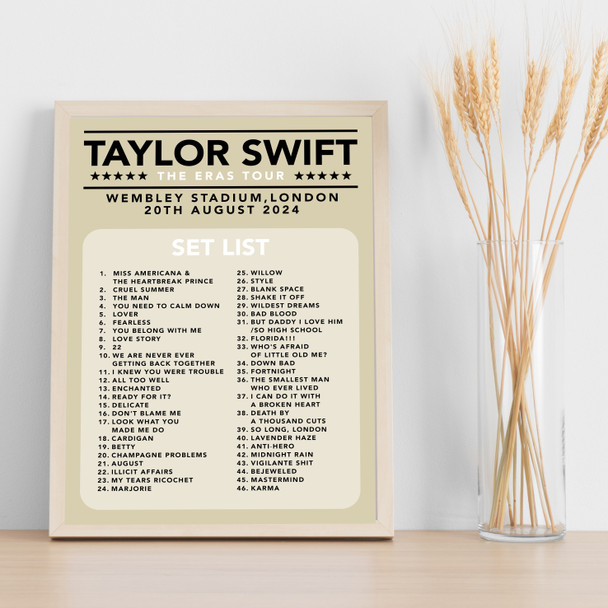 Taylor Swift - Concert Setlist Gig Poster Print Canvas Neutral - Wembley London England - Aug 20 2024