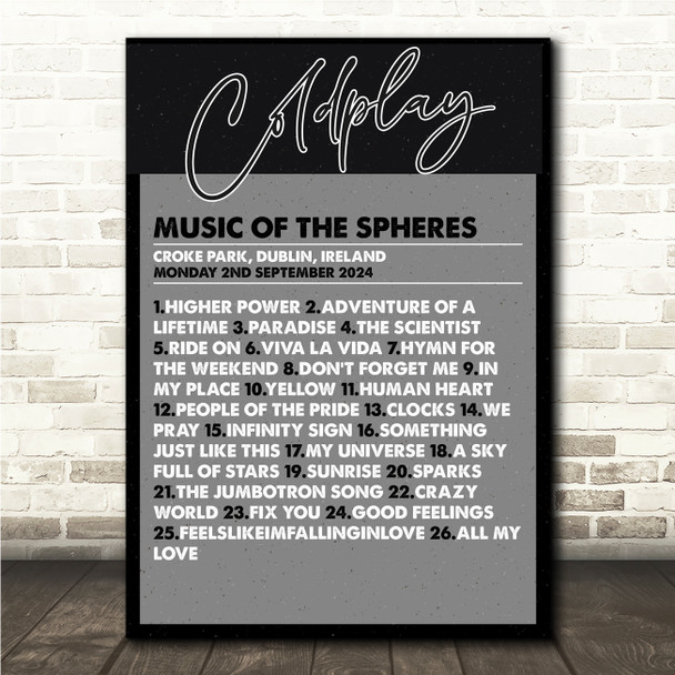 Coldplay - Concert Setlist Gig Poster Print Canvas Black & Grey - Croke Park Dublin Ireland - Sept 2nd 2024
