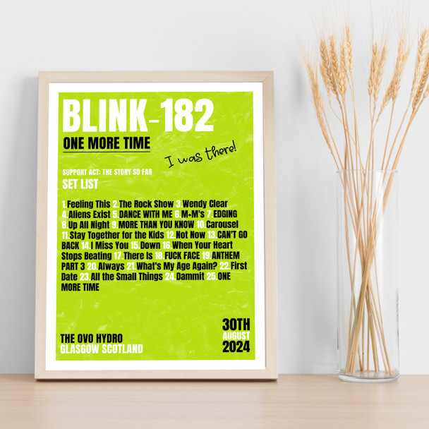 Blink-182 - Concert Setlist Gig Poster Print Canvas Lime Green - The OVO Hydro Glasgow Scotland - Aug 30th 2024