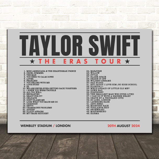 Taylor Swift - Concert Setlist Gig Poster Print Canvas Grey Landscape - Wembley London England - Aug 20 2024