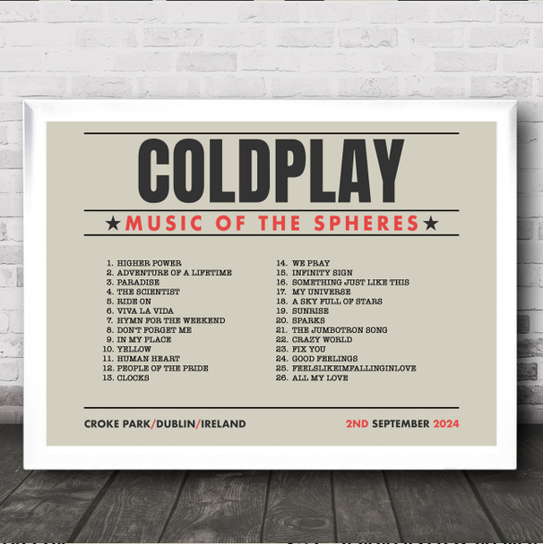 Coldplay - Concert Setlist Gig Poster Print Canvas Taupe Landscape - Croke Park Dublin Ireland - Sept 2nd 2024