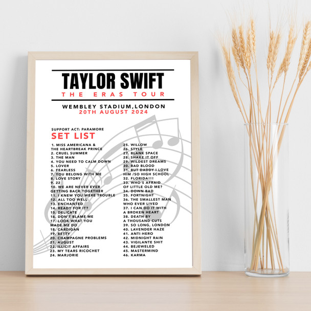 Taylor Swift - Concert Setlist Gig Poster Print Canvas Music Notes - Wembley London England - Aug 20 2024
