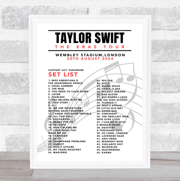 Taylor Swift - Concert Setlist Gig Poster Print Canvas Music Notes - Wembley London England - Aug 20 2024