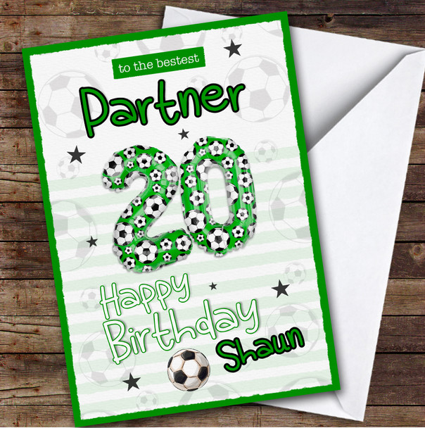 Personalised Male Partner 20th Birthday Card Football Patterned Foil Balloon Personalised Male Partner 20th Birthday Card Football Patterned Foil Balloon