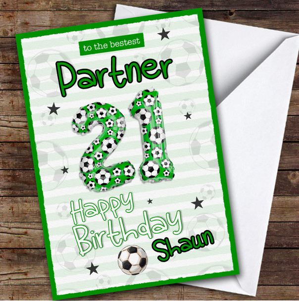 Personalised Male Partner 21st Birthday Card Football Patterned Foil Balloon