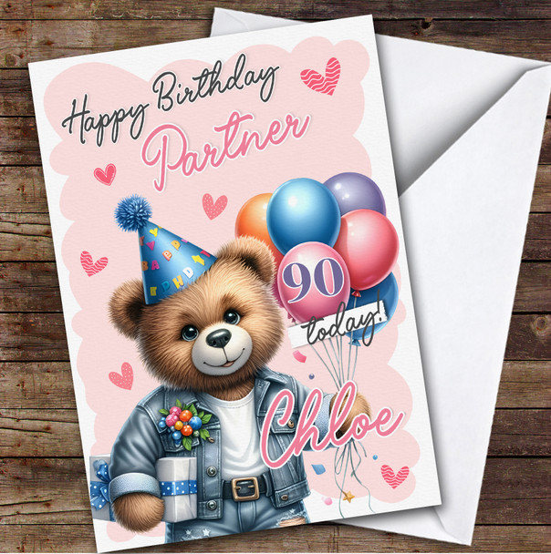Personalised Female Partner 90th Birthday Card Teddy Bear With Balloons