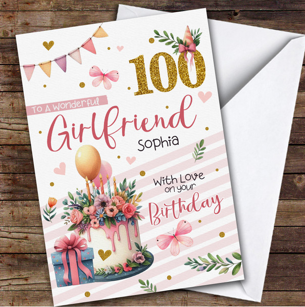 Personalised Girlfriend 100th Birthday Card Cake Butterflies Personalised Girlfriend 100th Birthday Card Cake Butterflies