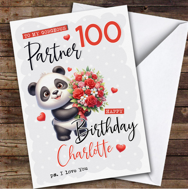 Personalised Female Partner 100th Birthday Card Panda With Flowers