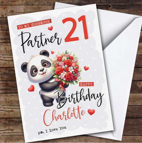 Personalised Female Partner 21st Birthday Card Panda With Flowers