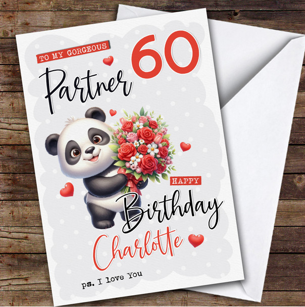 Personalised Female Partner 60th Birthday Card Panda With Flowers