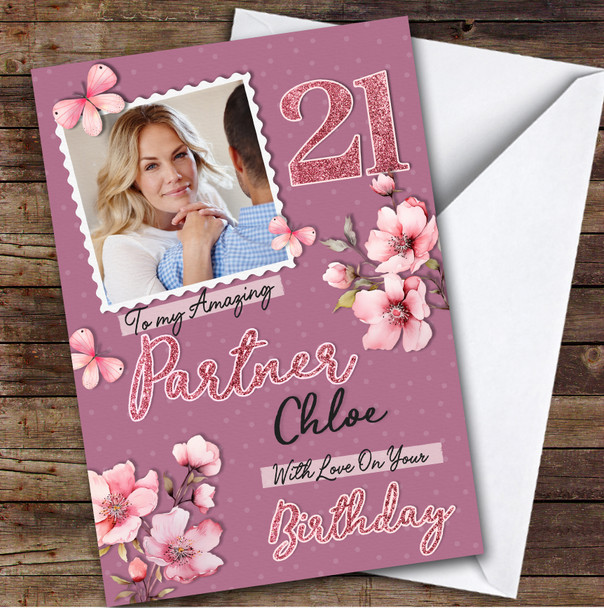 Personalised Female Partner 21st Birthday Card Pink Photo Frame