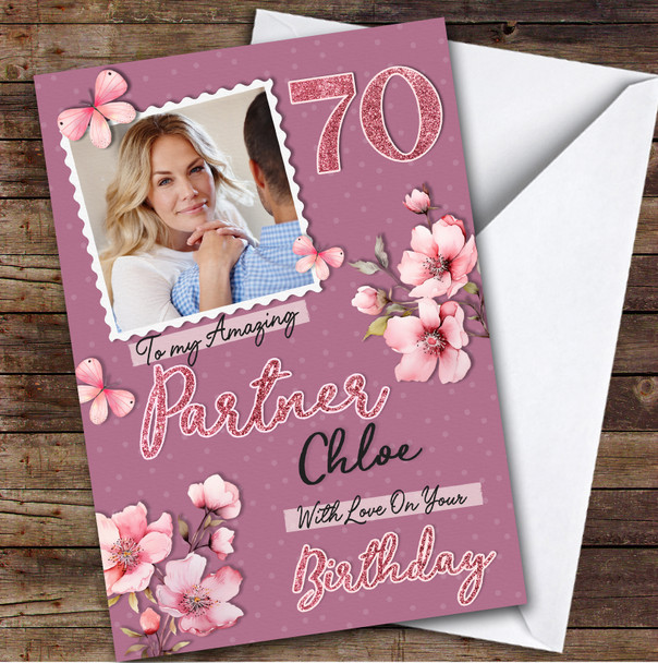 Personalised Female Partner 70th Birthday Card Pink Photo Frame