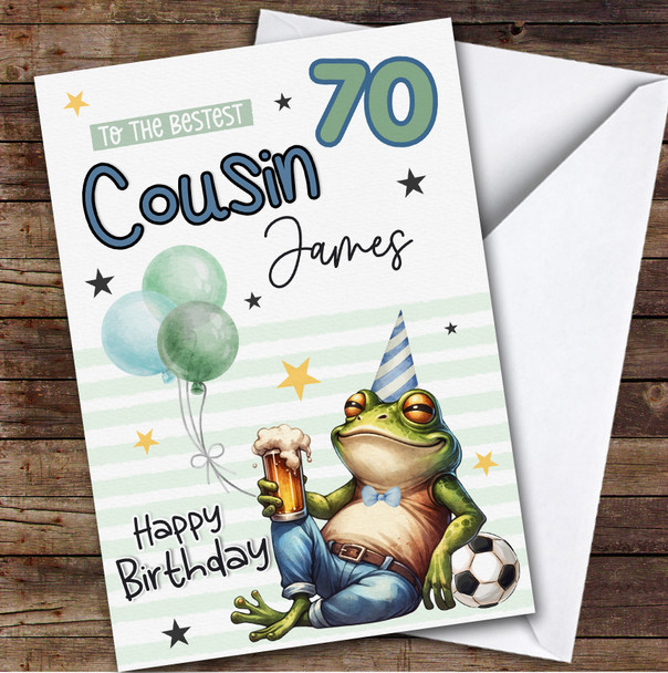 Personalised 70th Birthday Card Male Cousin Frog With Beer