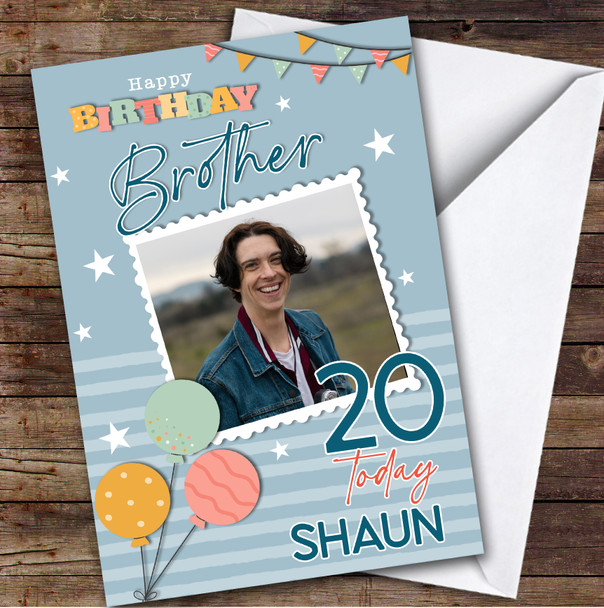 Personalised 20th Birthday Card For Brother Photo Yellow Blue