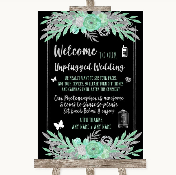 Black Mint Green & Silver No Phone Camera Unplugged Personalised Wedding Sign