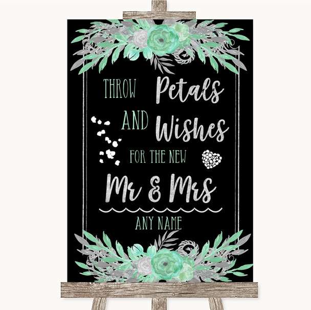 Black Mint Green & Silver Petals Wishes Confetti Personalised Wedding Sign