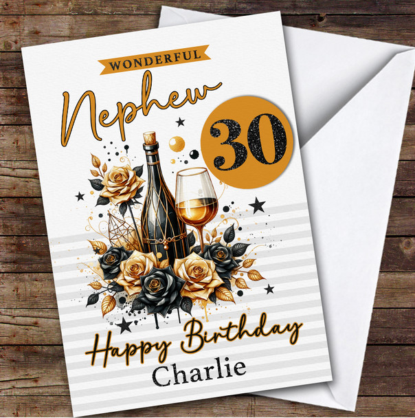 Personalised Nephew 30th Birthday Card Black And Gold Champagne