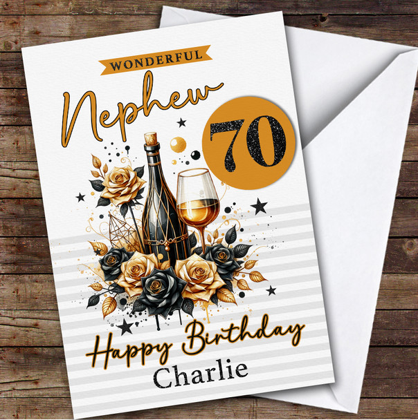 Personalised Nephew 70th Birthday Card Black And Gold Champagne