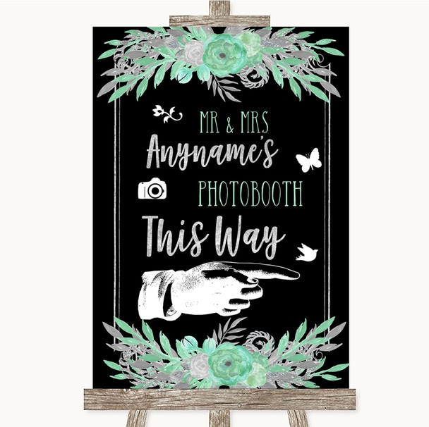 Black Mint Green & Silver Photobooth This Way Right Personalised Wedding Sign